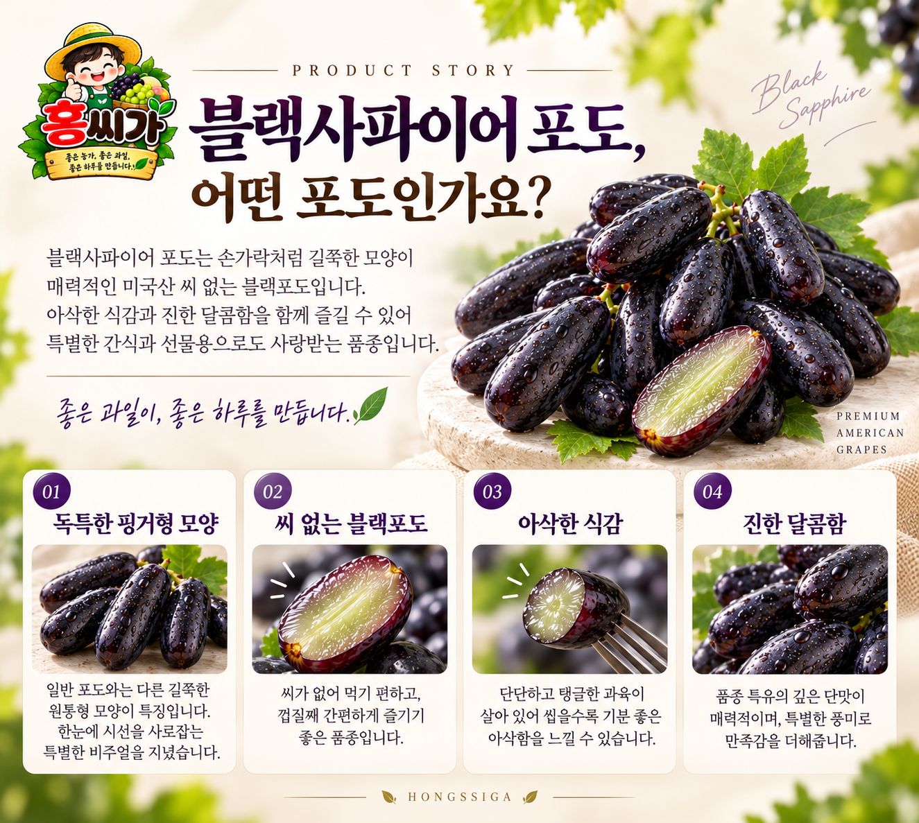 씨 없이 껍질째 먹는 프리미엄 블랙사파이어 포도 800g 2kg 3kg 5kg 상세 사진